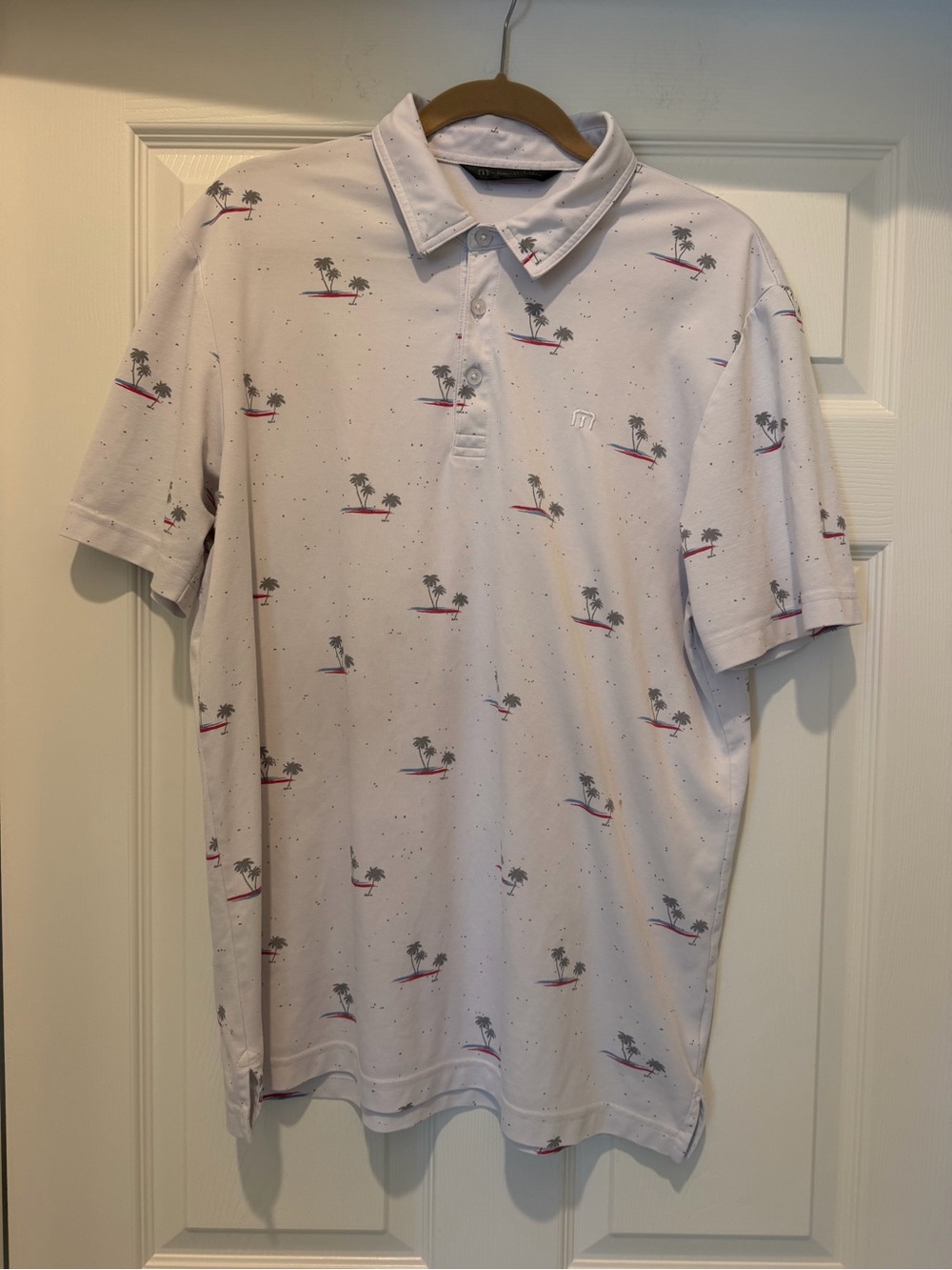 Travis Mathew White Polo with Grey, Red & Blue Palm Print